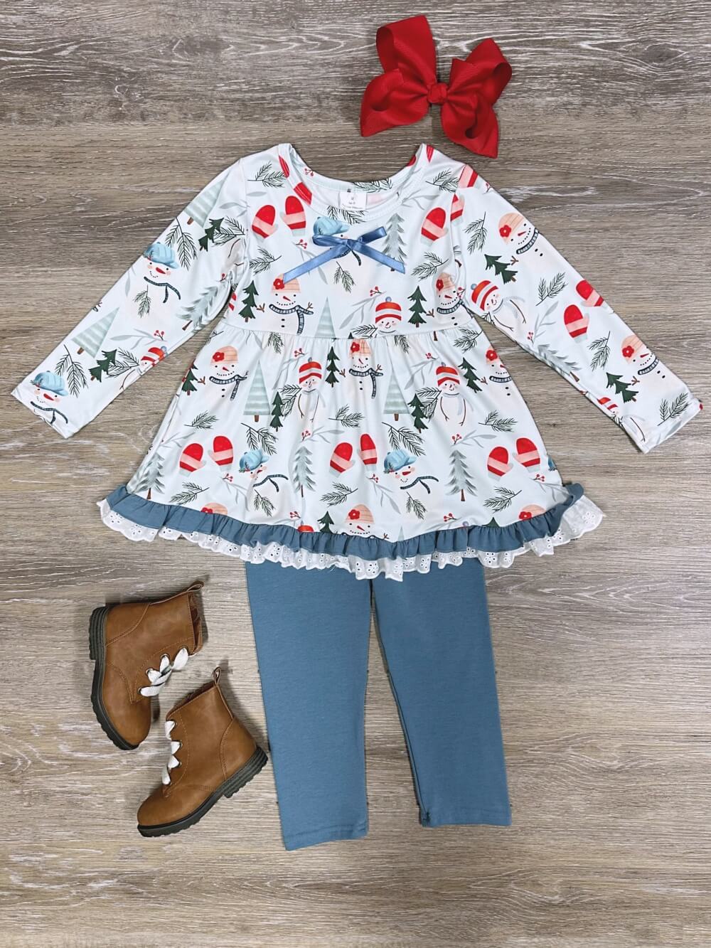 Snow Day Winter Blue Ruffle Girls Tunic &amp; Leggings Outfit - Sydney So Sweet