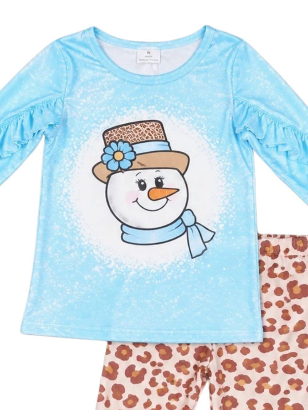 Snowman & Leopard Print Girls Winter Bell Bottoms Outfit