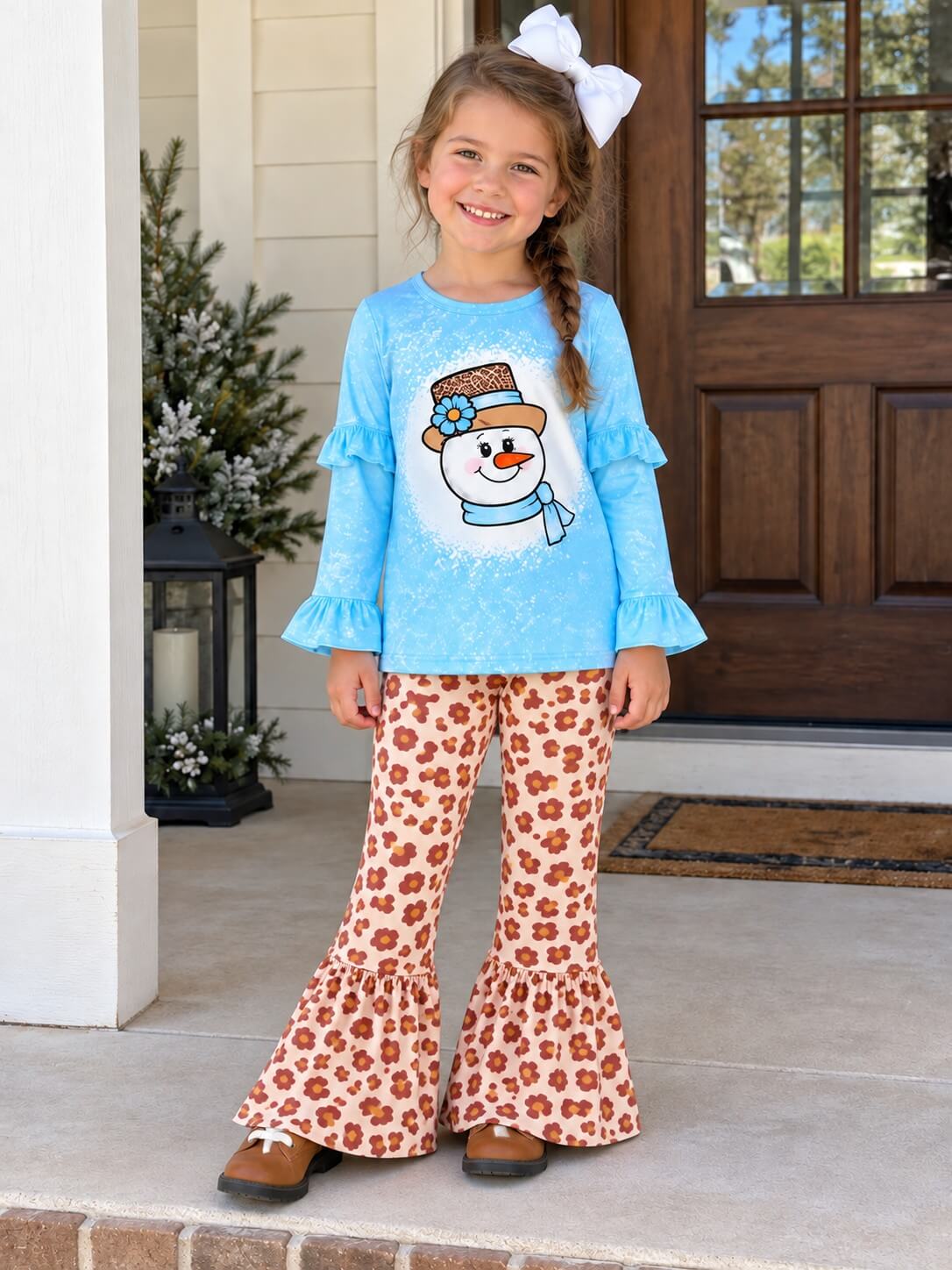 Snowman & Leopard Print Girls Winter Bell Bottoms Outfit