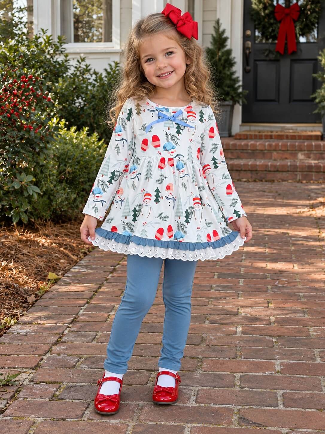 Snowman & Pine Tree Girls Winter Leggings Outfit