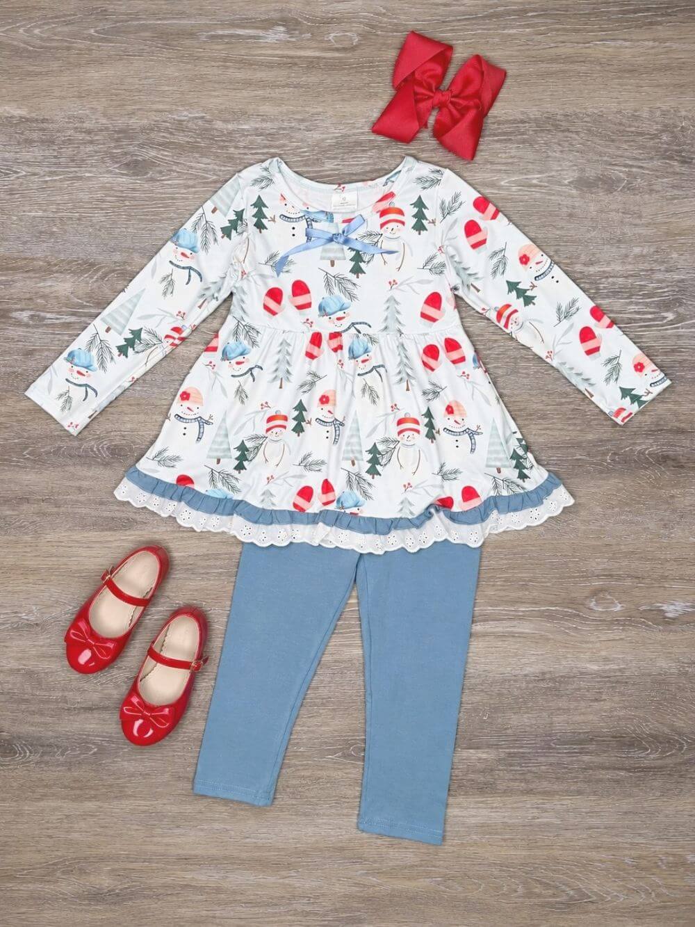 Snowman & Pine Tree Girls Winter Leggings Outfit