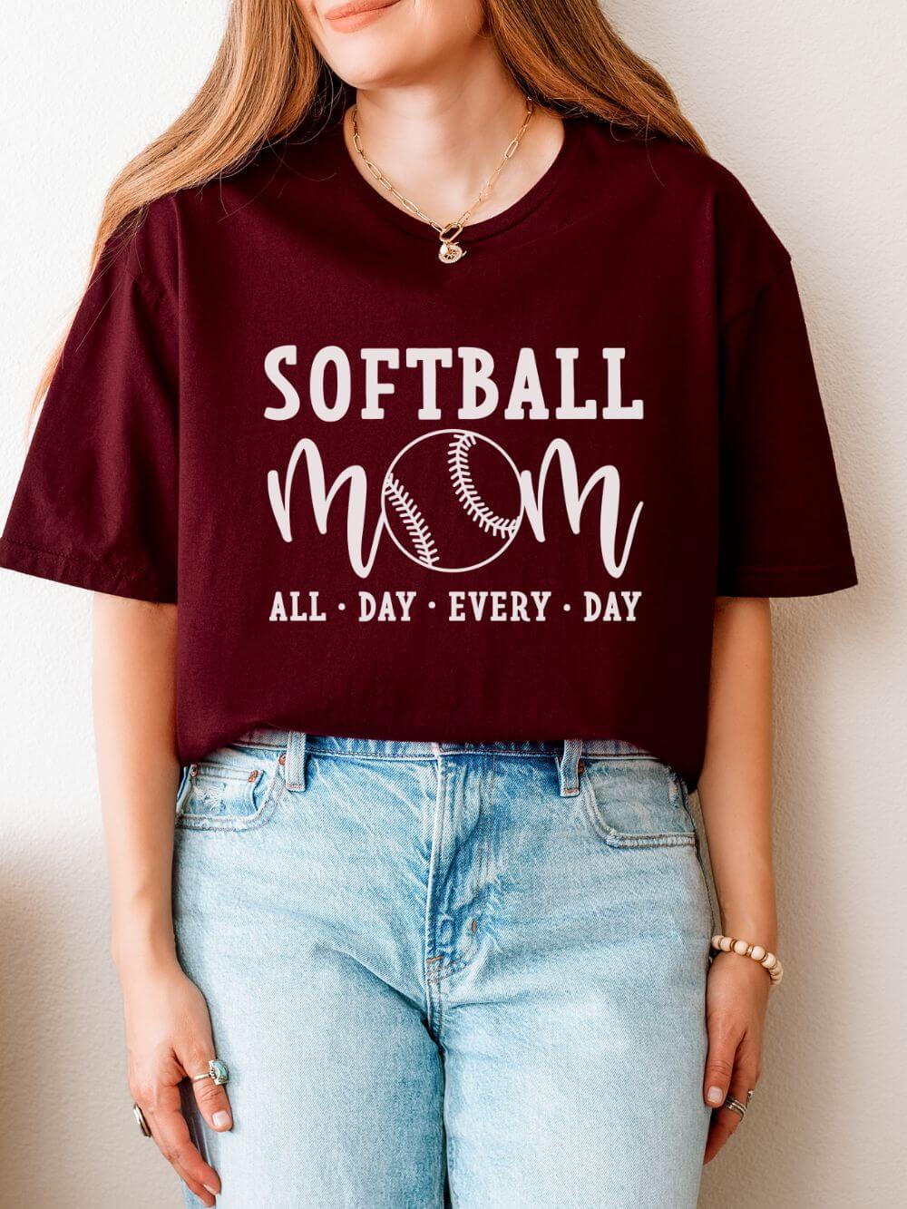 Softball Mom All Day Graphic T-Shirt Cute Sports Mom Tee (12 Team Colors)