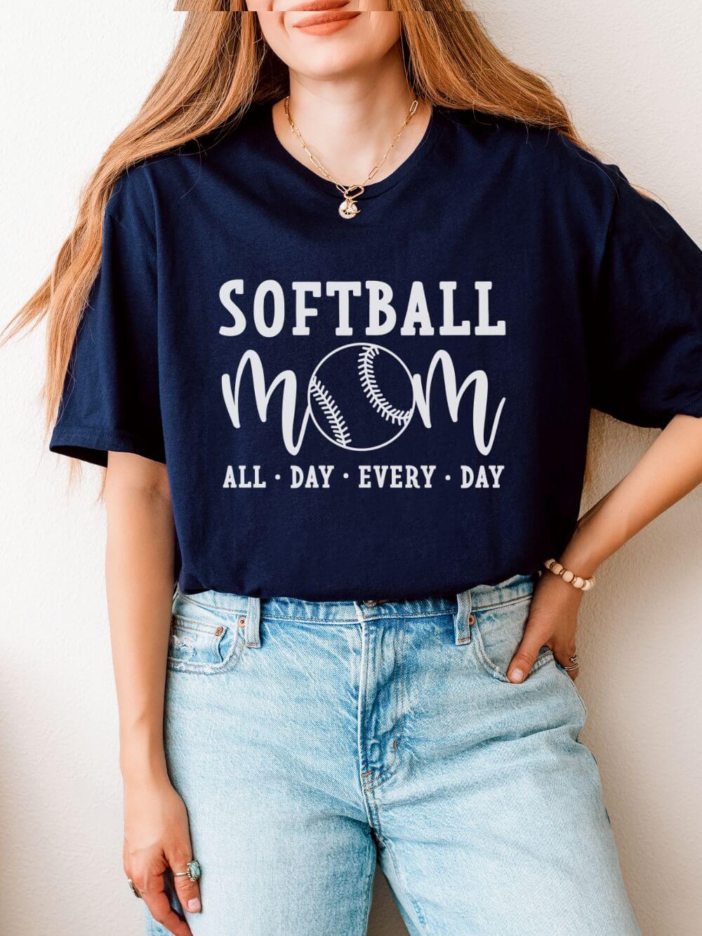Softball Mom All Day Graphic T-Shirt Cute Sports Mom Tee (12 Team Colors)