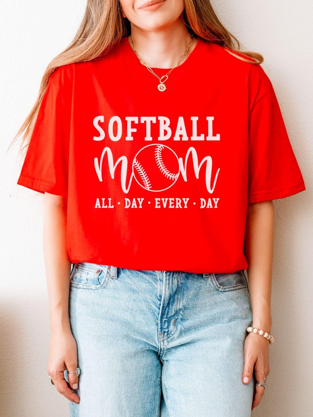 Softball Mom All Day Graphic T-Shirt Cute Sports Mom Tee (12 Team Colors)