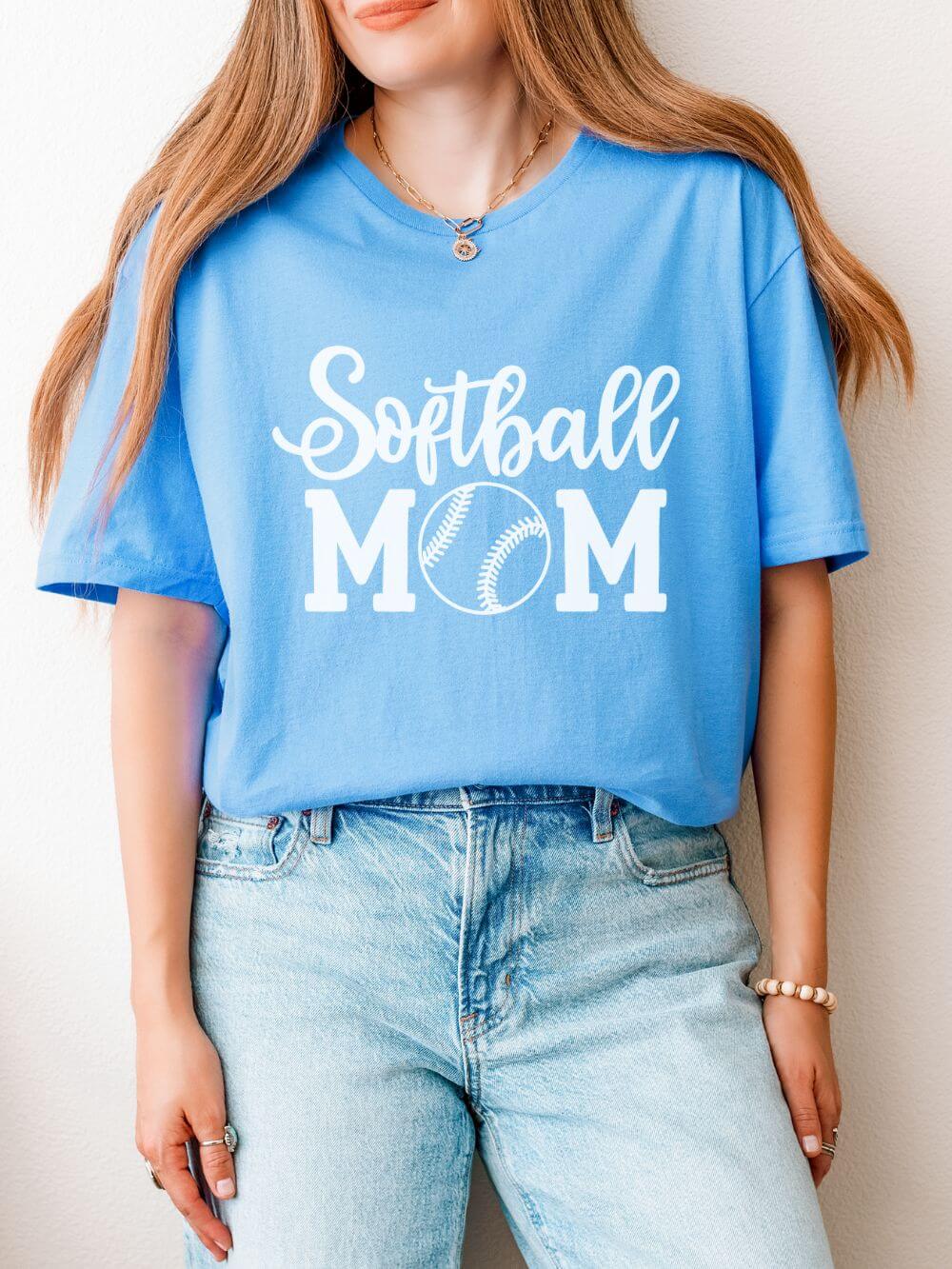 Softball Mom Classic Graphic T-Shirt Cute Sports Mom Tee (12 Team Colors)