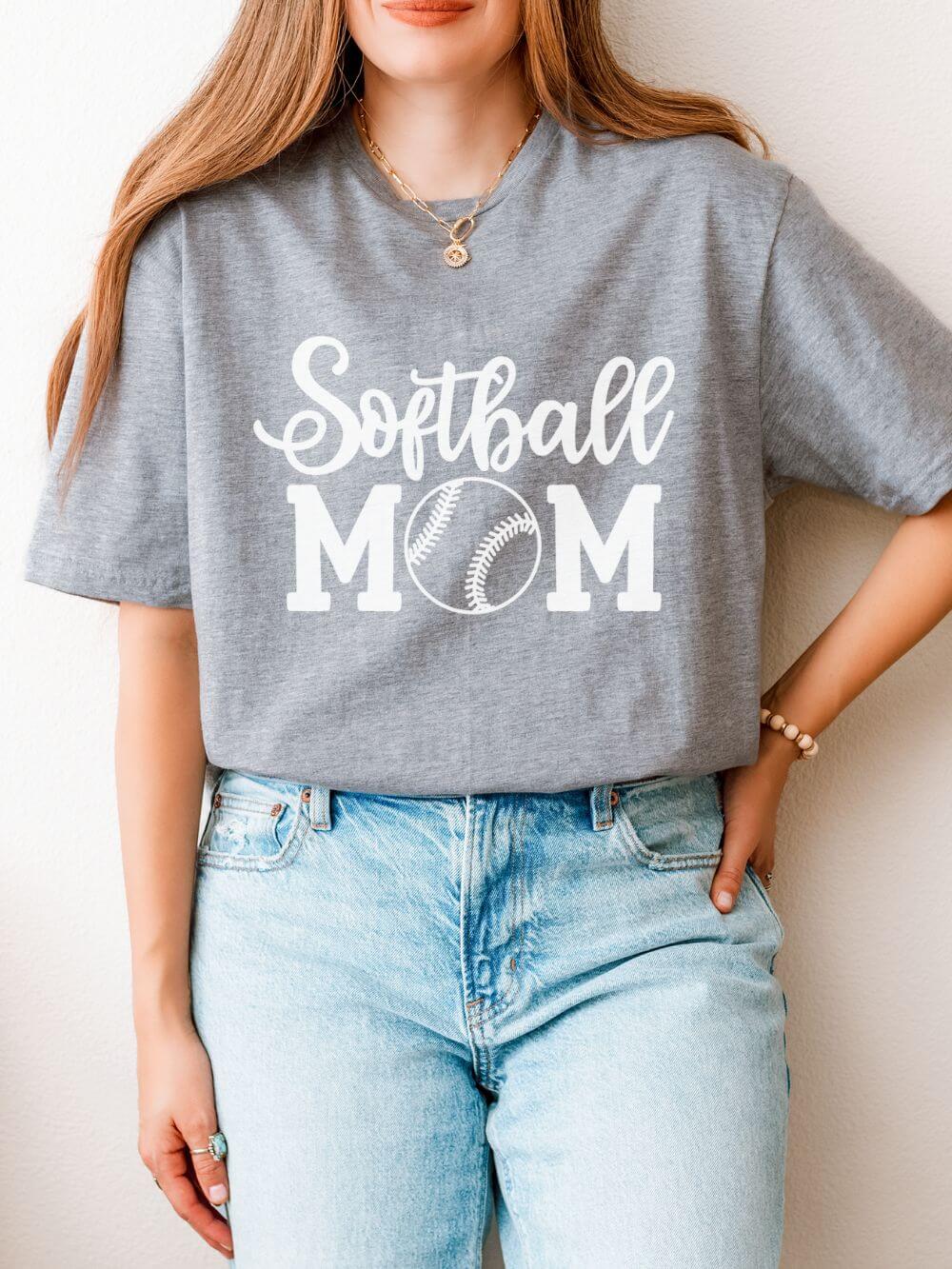 Softball Mom Classic Graphic T-Shirt Cute Sports Mom Tee (12 Team Colors)