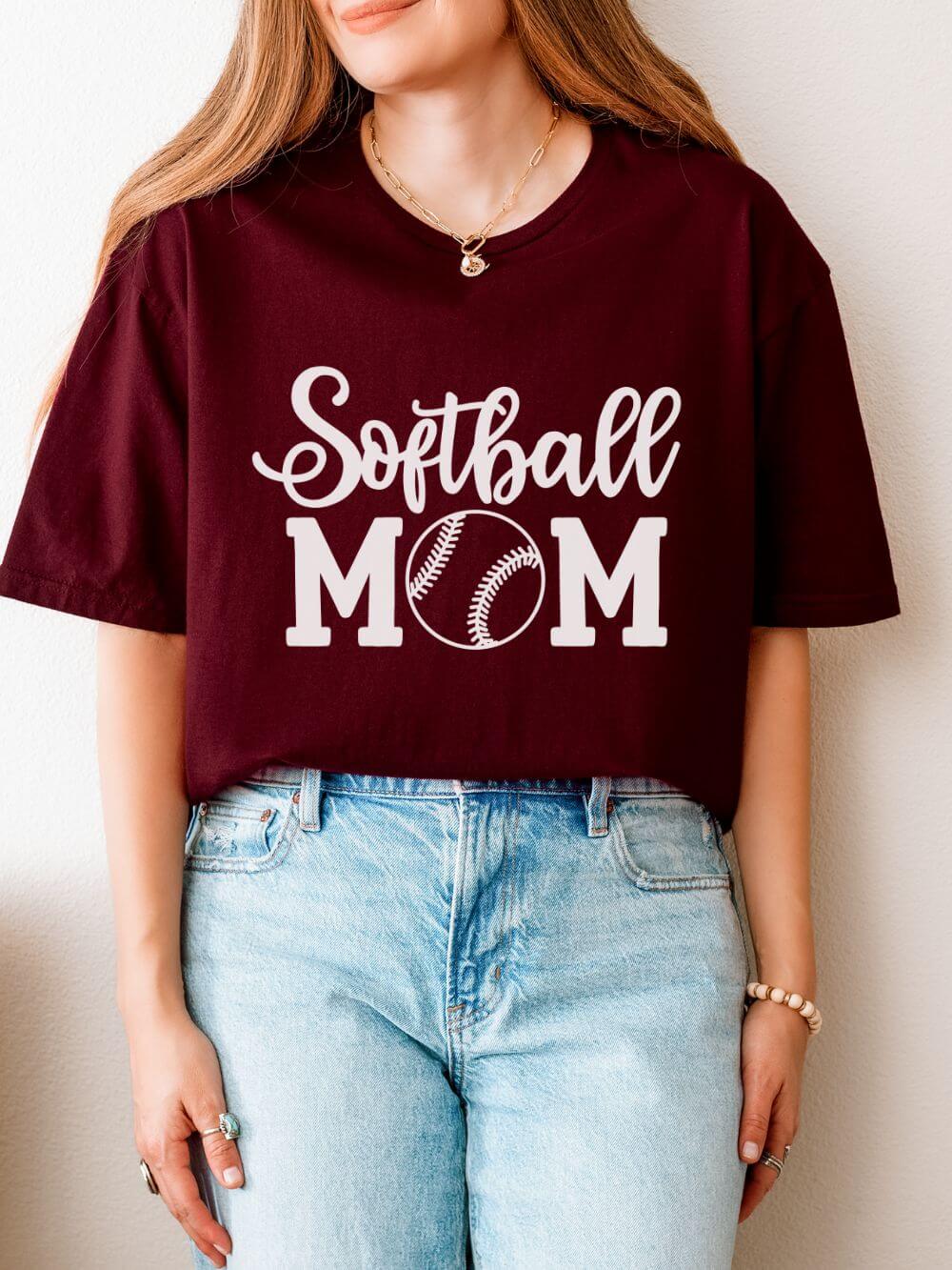 Softball Mom Classic Graphic T-Shirt Cute Sports Mom Tee (12 Team Colors)