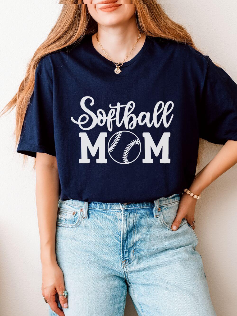 Softball Mom Classic Graphic T-Shirt Cute Sports Mom Tee (12 Team Colors)