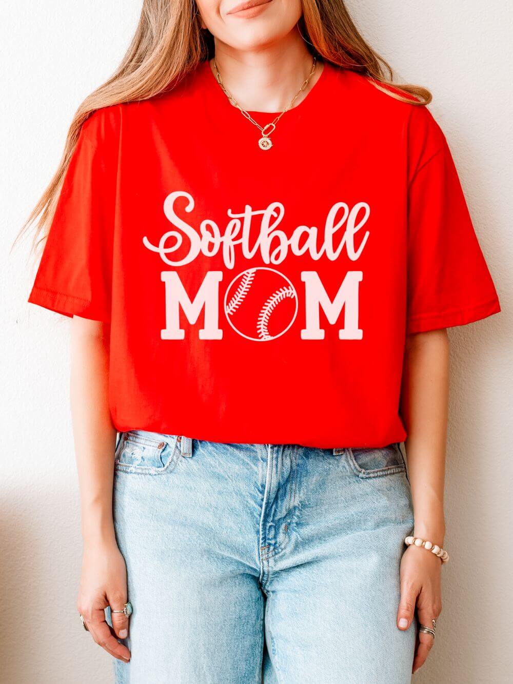 Softball Mom Classic Graphic T-Shirt Cute Sports Mom Tee (12 Team Colors)