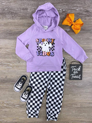 Spooky Vibes Girls Purple Hoodie Checkboard Outfit - Sydney So Sweet