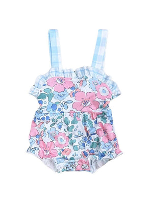 Spring Blue Floral Tank Strap Girls Baby Romper - Sydney So Sweet
