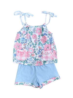 Spring Blue Floral Tie Strap Tank Girls Shorts Outfit - Sydney So Sweet