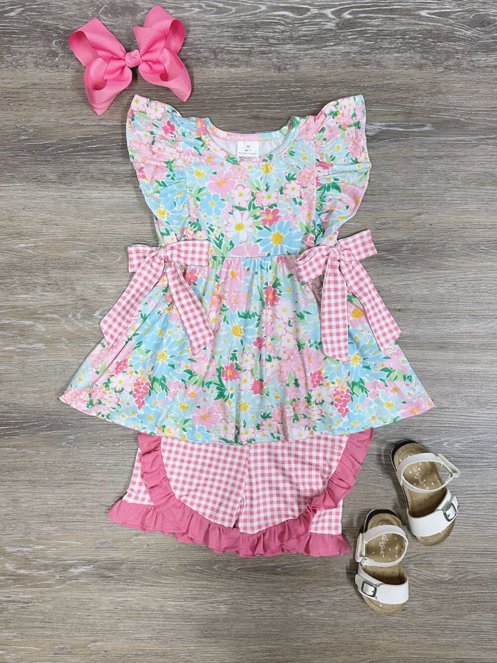 Springtime Petals Girls Pink Gingham Shorts Outfit