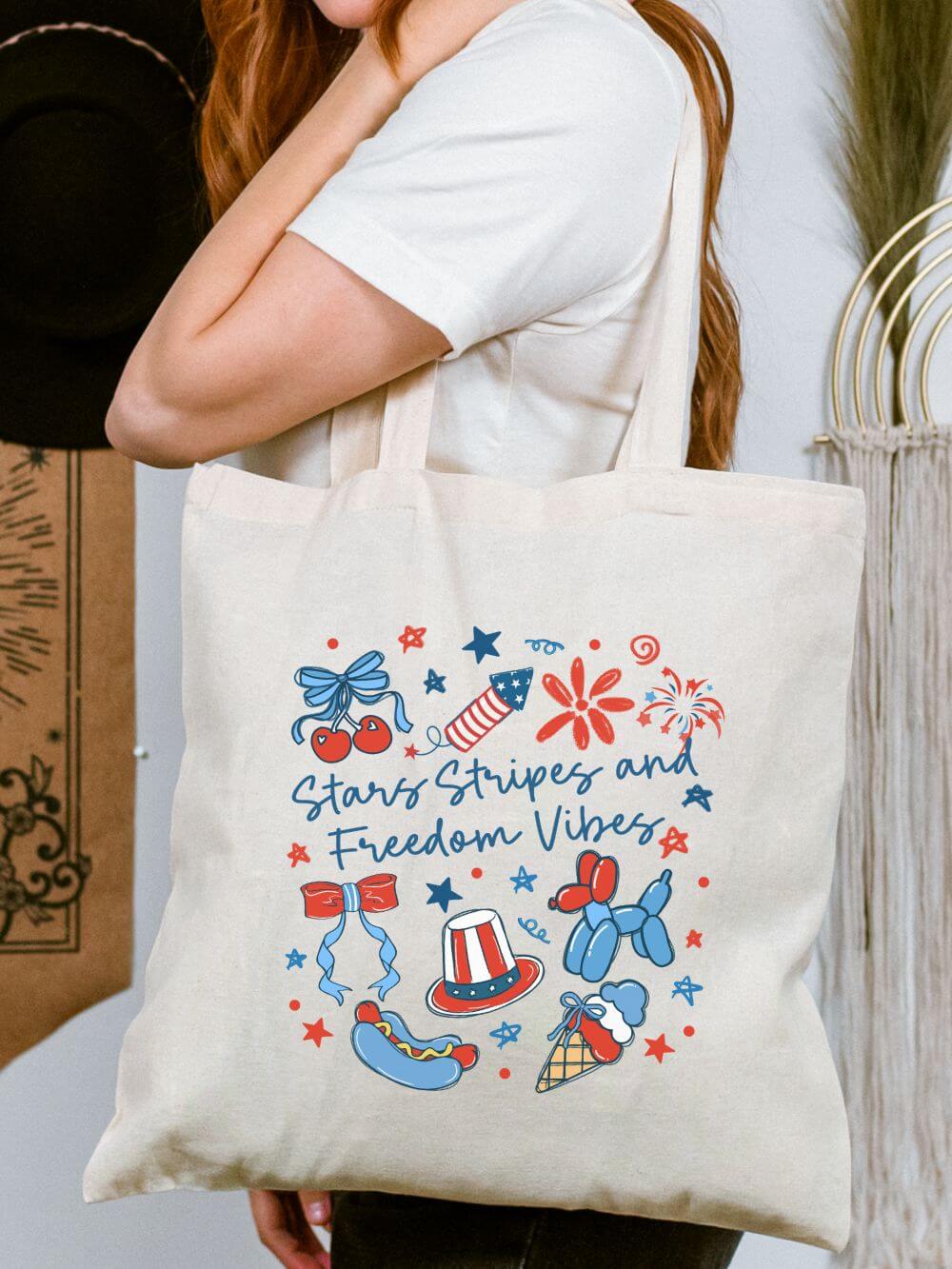 Stars Stripes & Freedom Vibes Patriotic Cotton Canvas Tote Bag
