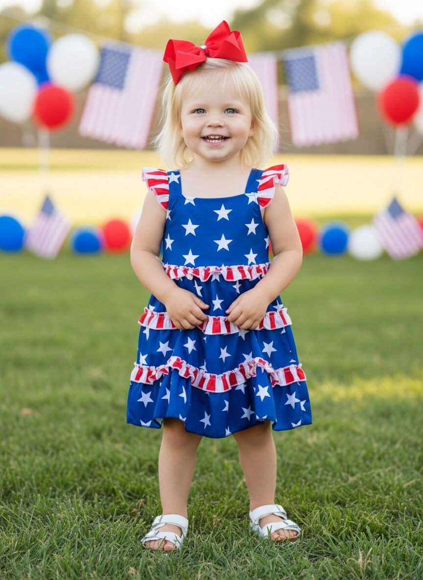 Stars & Stripes Ruffle Tiered Girls Dress