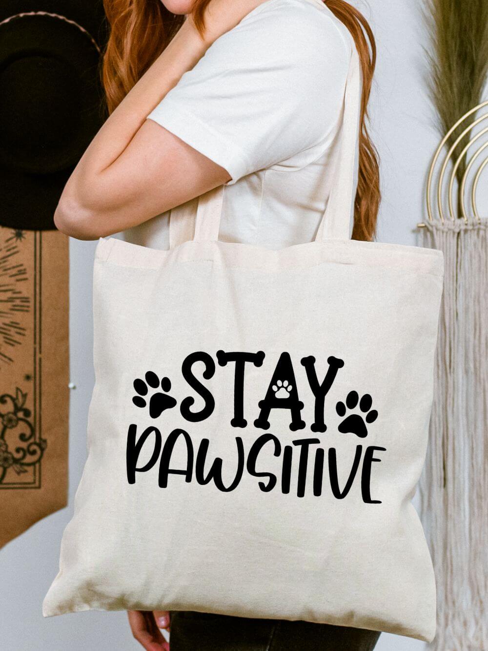 Stay Pawsitive Cotton Canvas Dog or Cat Mom Tote Bag