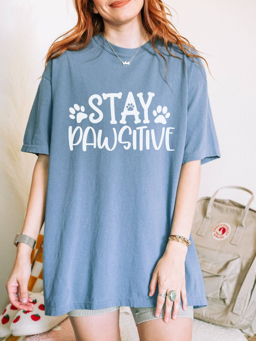 Stay Paw-sitive Paw Print T-Shirt Cute Dog Mom Graphic Tee