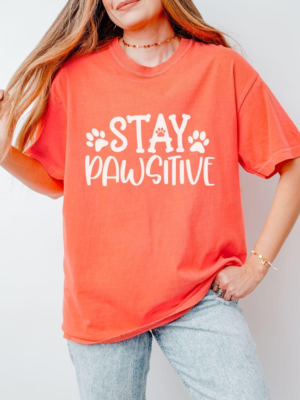 Stay Paw-sitive Paw Print T-Shirt Cute Dog Mom Graphic Tee