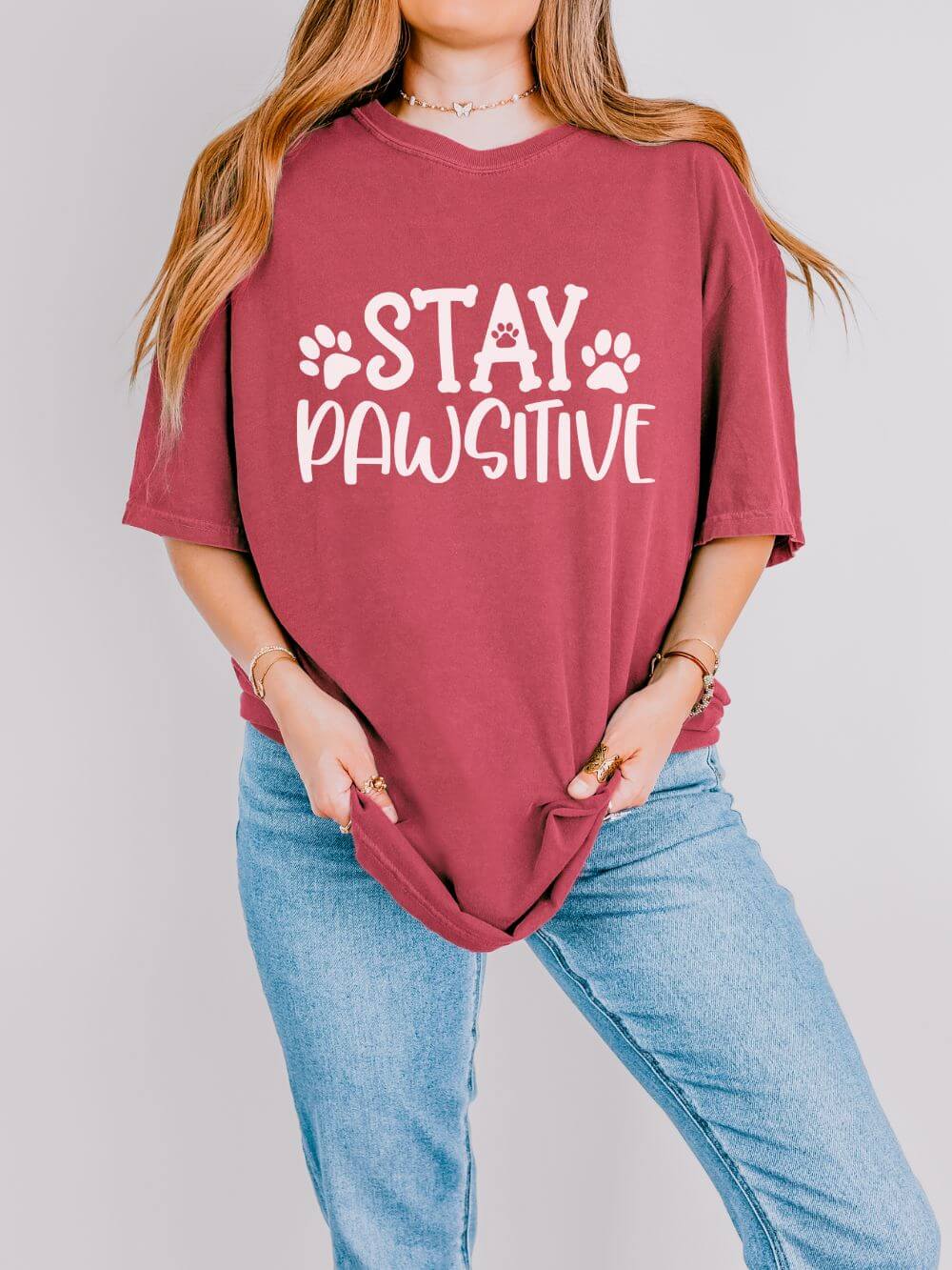 Stay Paw-sitive Paw Print T-Shirt Cute Dog Mom Graphic Tee