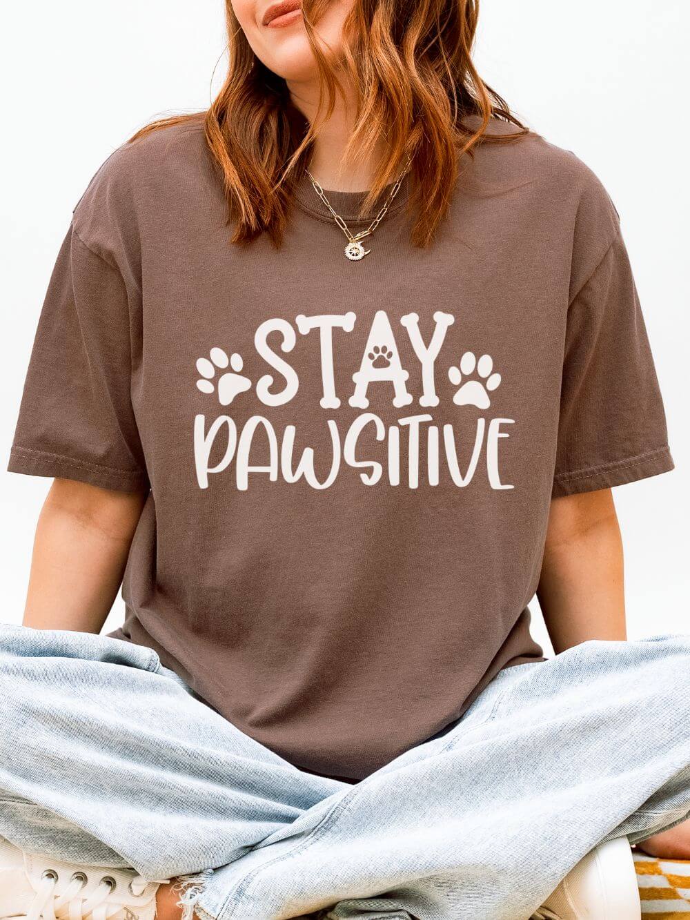 Stay Paw-sitive Paw Print T-Shirt Cute Dog Mom Graphic Tee