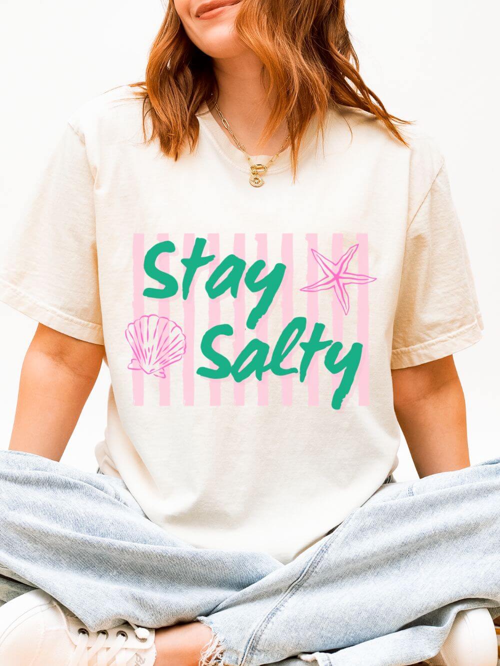 Stay Salty Graphic T-Shirt Women's  Beachy Pink Stripe Tee