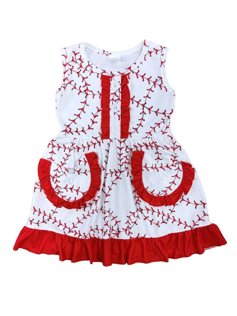 Strike 'Em Out Red Ruffle Trim Girls Baseball Stitch Dress - Sydney So Sweet