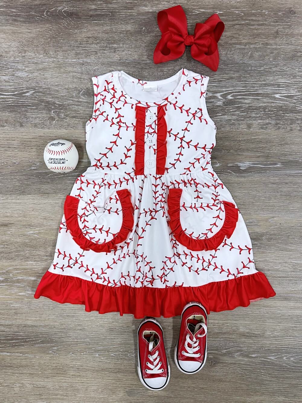 Strike 'Em Out Red Ruffle Trim Girls Baseball Stitch Dress
