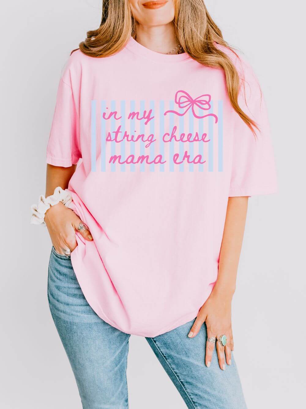 In My String Cheese Mama Era T-Shirt Cute Pink Bow & Blue Stripe Graphic Tee