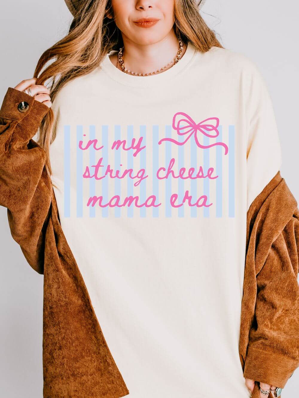 In My String Cheese Mama Era T-Shirt Cute Pink Bow & Blue Stripe Graphic Tee