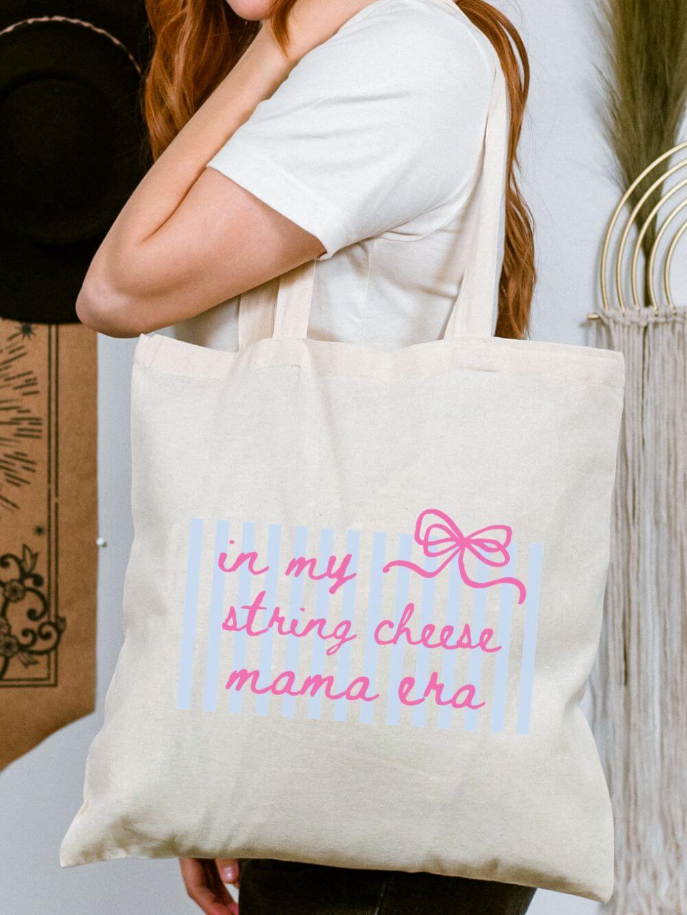 In My String Cheese Mama Era Pink Bow Cotton Canvas Tote Bag