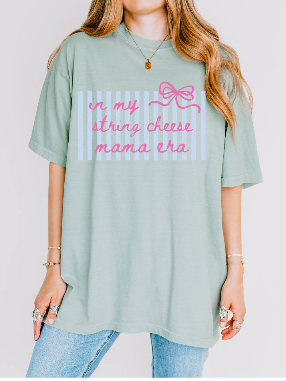 In My String Cheese Mama Era T-Shirt Cute Pink Bow & Blue Stripe Graphic Tee