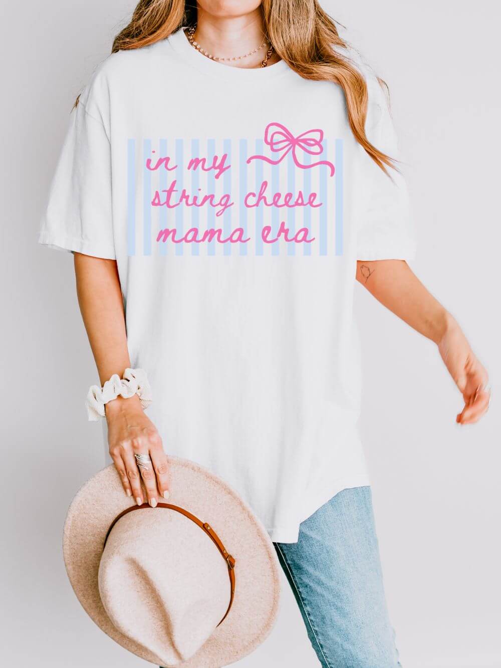 In My String Cheese Mama Era T-Shirt Cute Pink Bow & Blue Stripe Graphic Tee