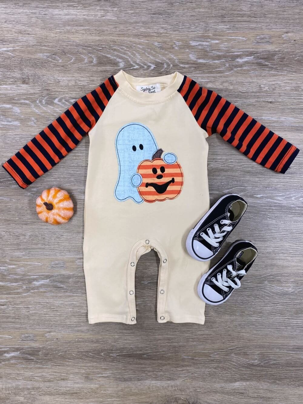 Stripe Sleeve Ghost &amp; Jack-o-lantern Halloween Baby Romper - Sydney So Sweet