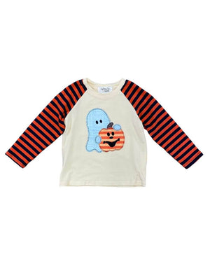 Stripe Sleeve Ghost & Jack-o-lantern Halloween Top - Sydney So Sweet