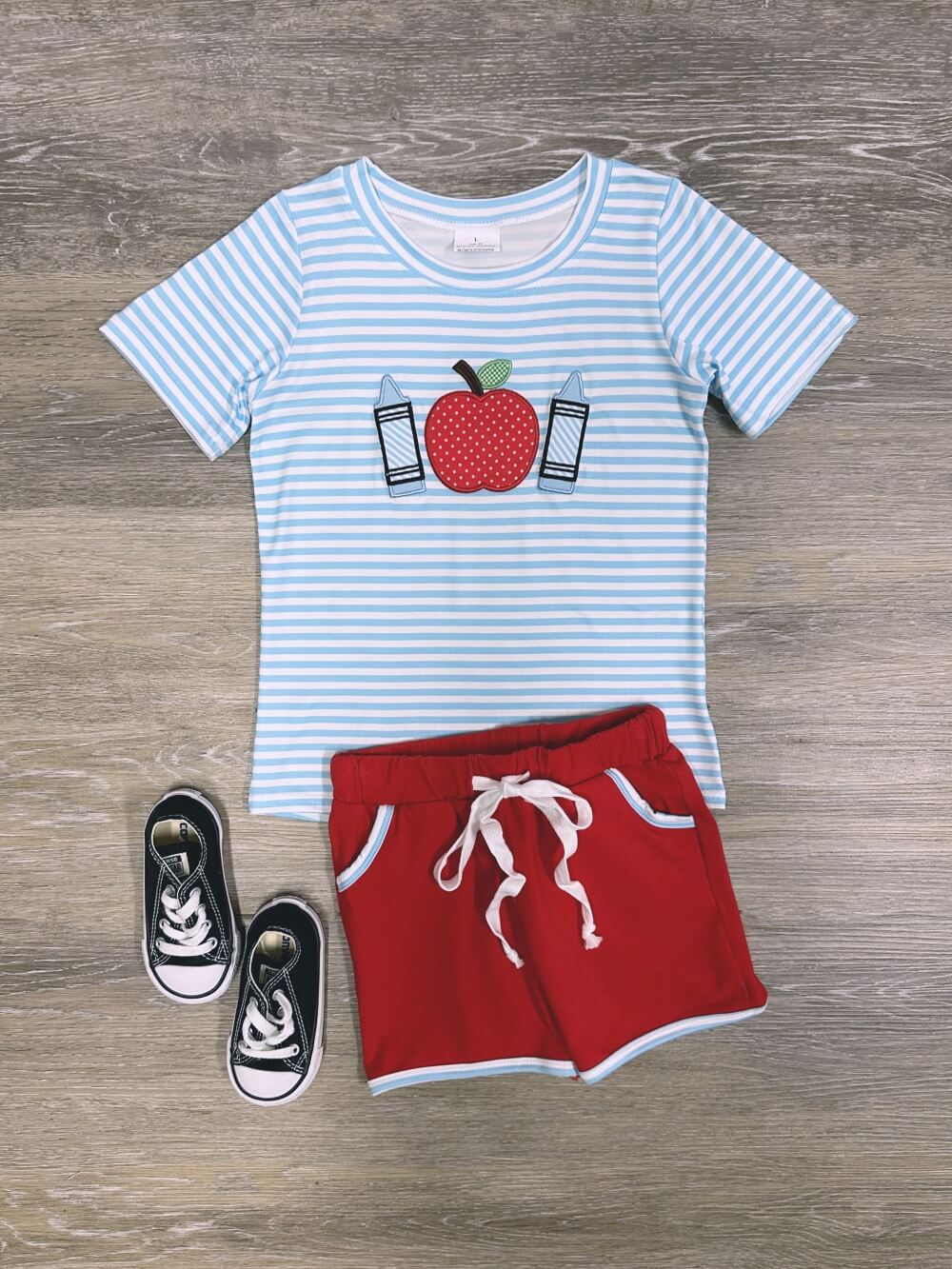 Striped Apple Shirt and Red Shorts Boys Back to School Outfit