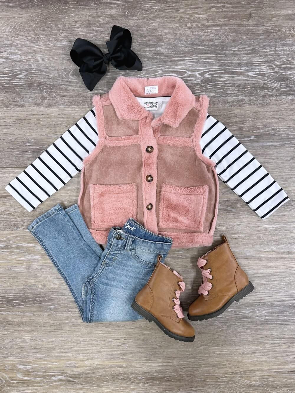 Striped Top &amp; Pink Suede Fur Vest Set - Sydney So Sweet