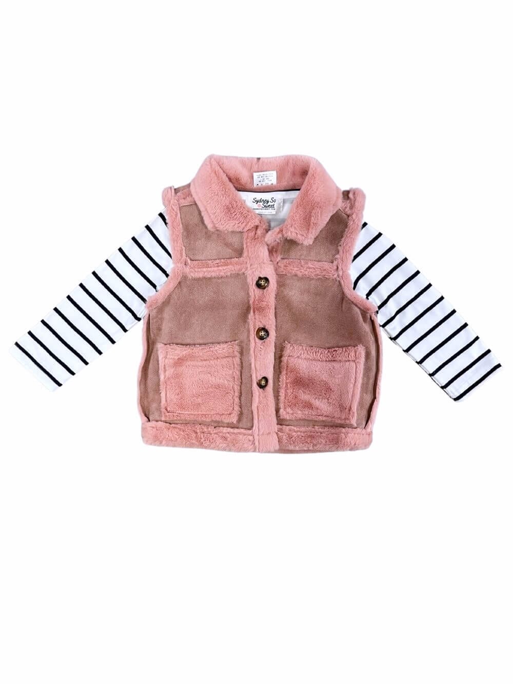 Striped Top & Pink Suede Fur Vest Set - Sydney So Sweet