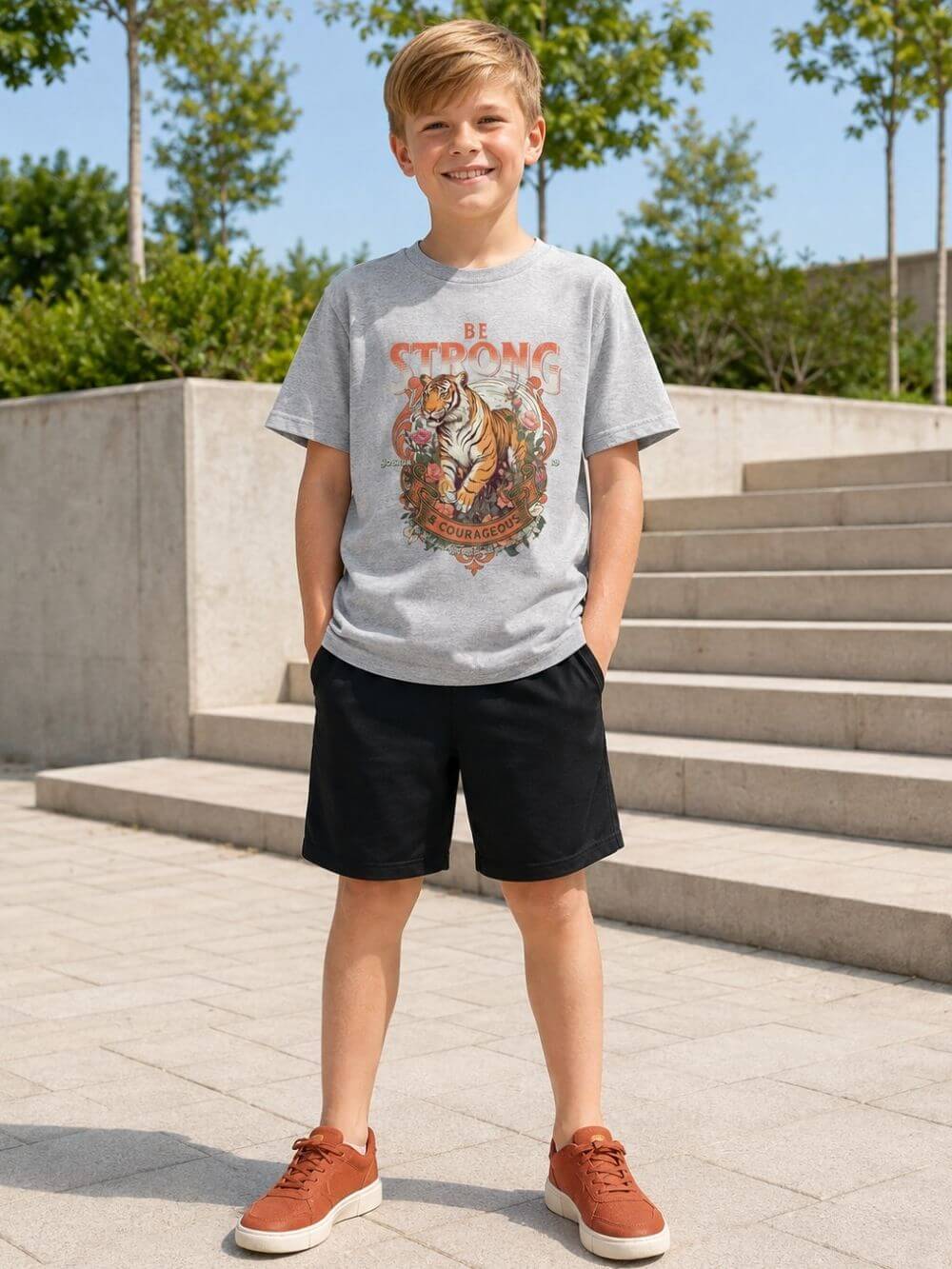 Be Strong & Courageous Tiger Kids T-Shirt Christian Youth Graphic Tee