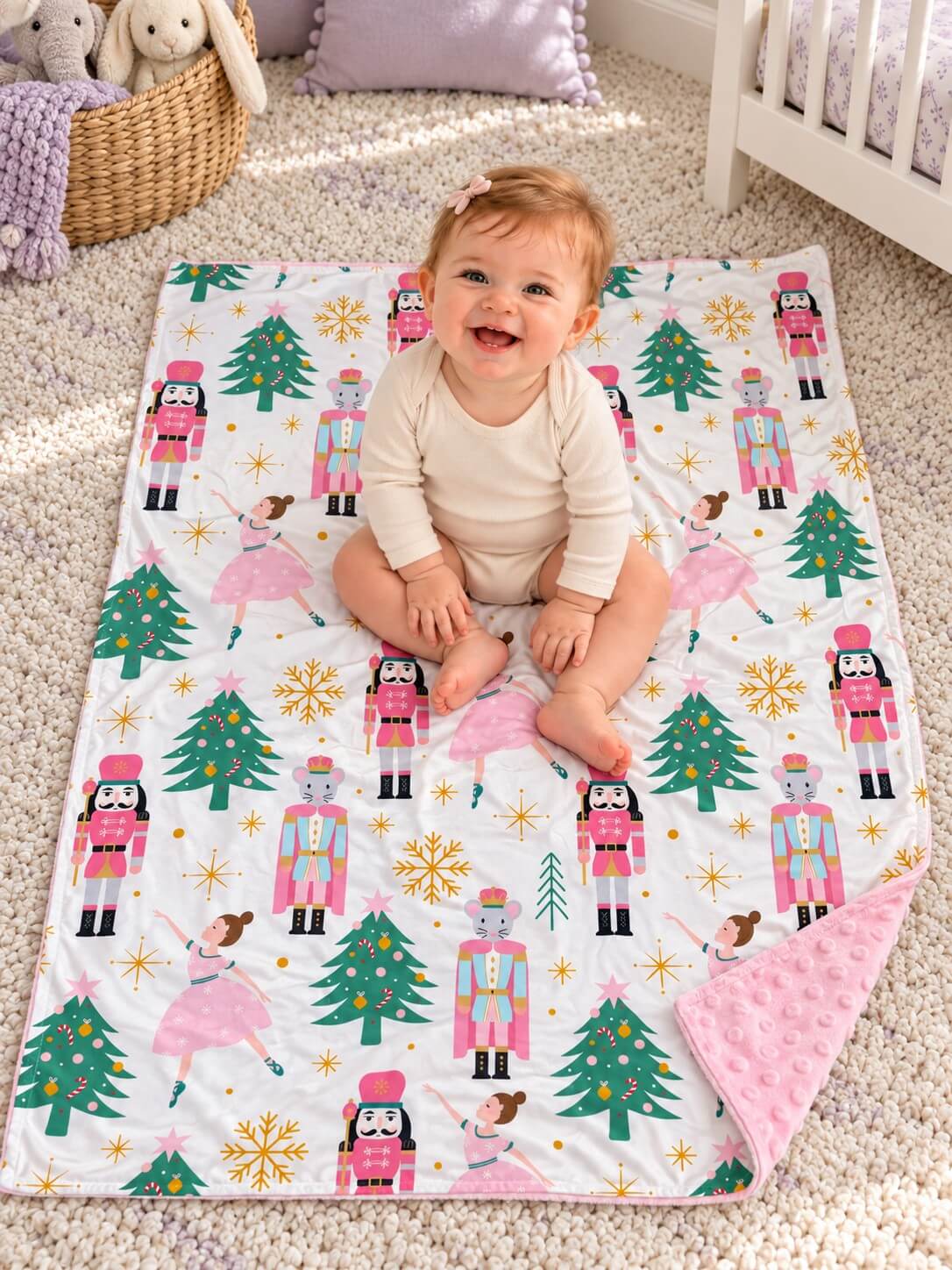 Pink nutcracker and Christmas tree baby blanket with pink minky dot backing spread on the floor beneath a baby, viewed from above