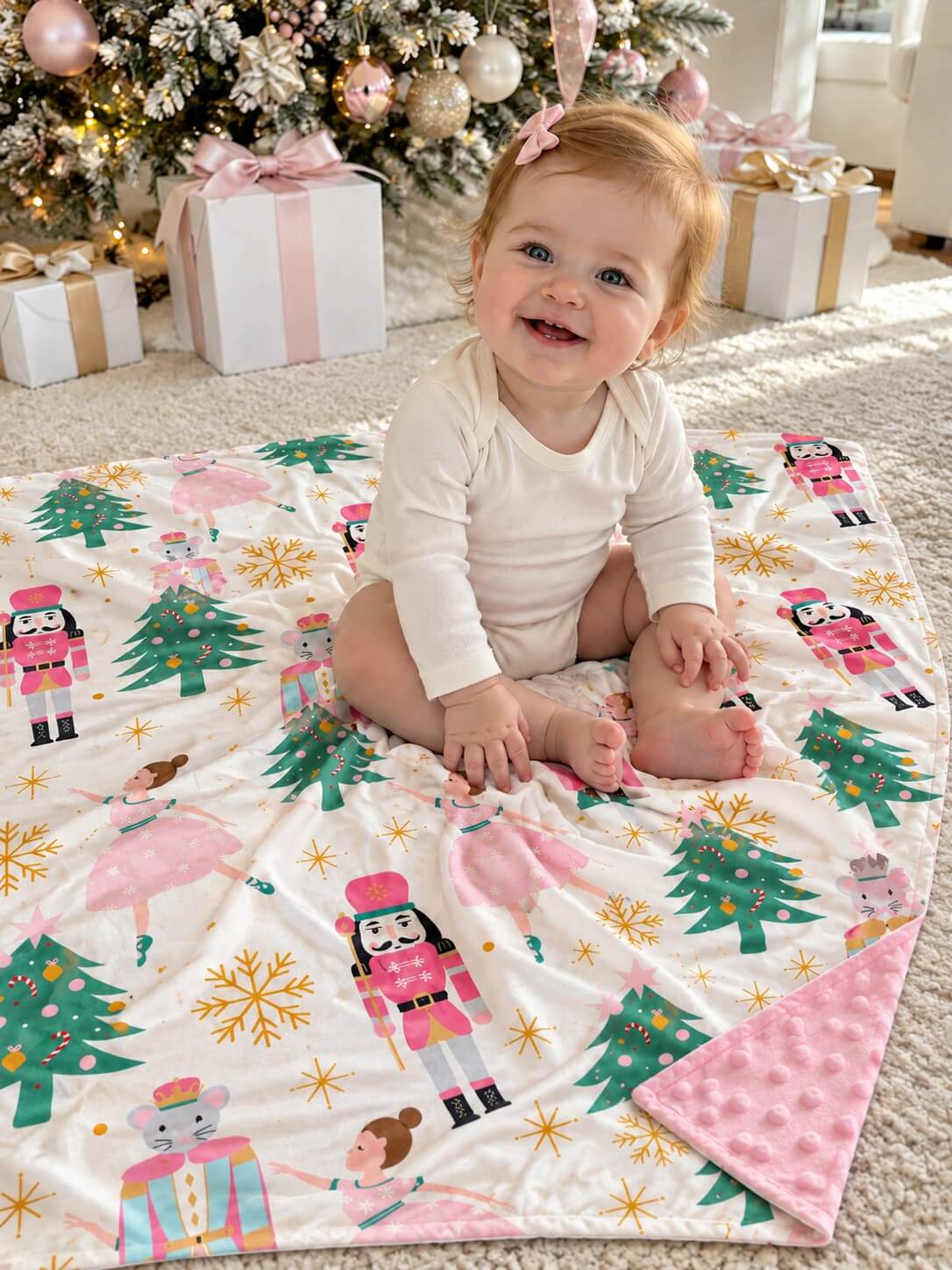 Pink nutcracker and Christmas tree baby blanket with pink minky dot backing spread out beneath a seated baby