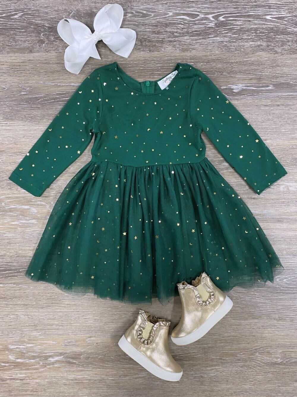 Superstar Green &amp; Gold Star Girls Chiffon Dress - Sydney So Sweet