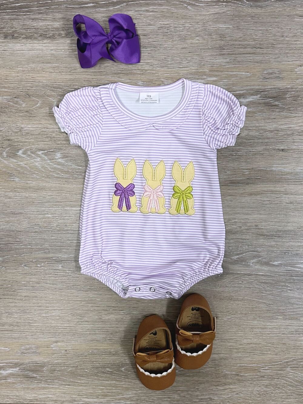 Sweet Bows & Bunnies Lavender Stripe Girls Baby Romper