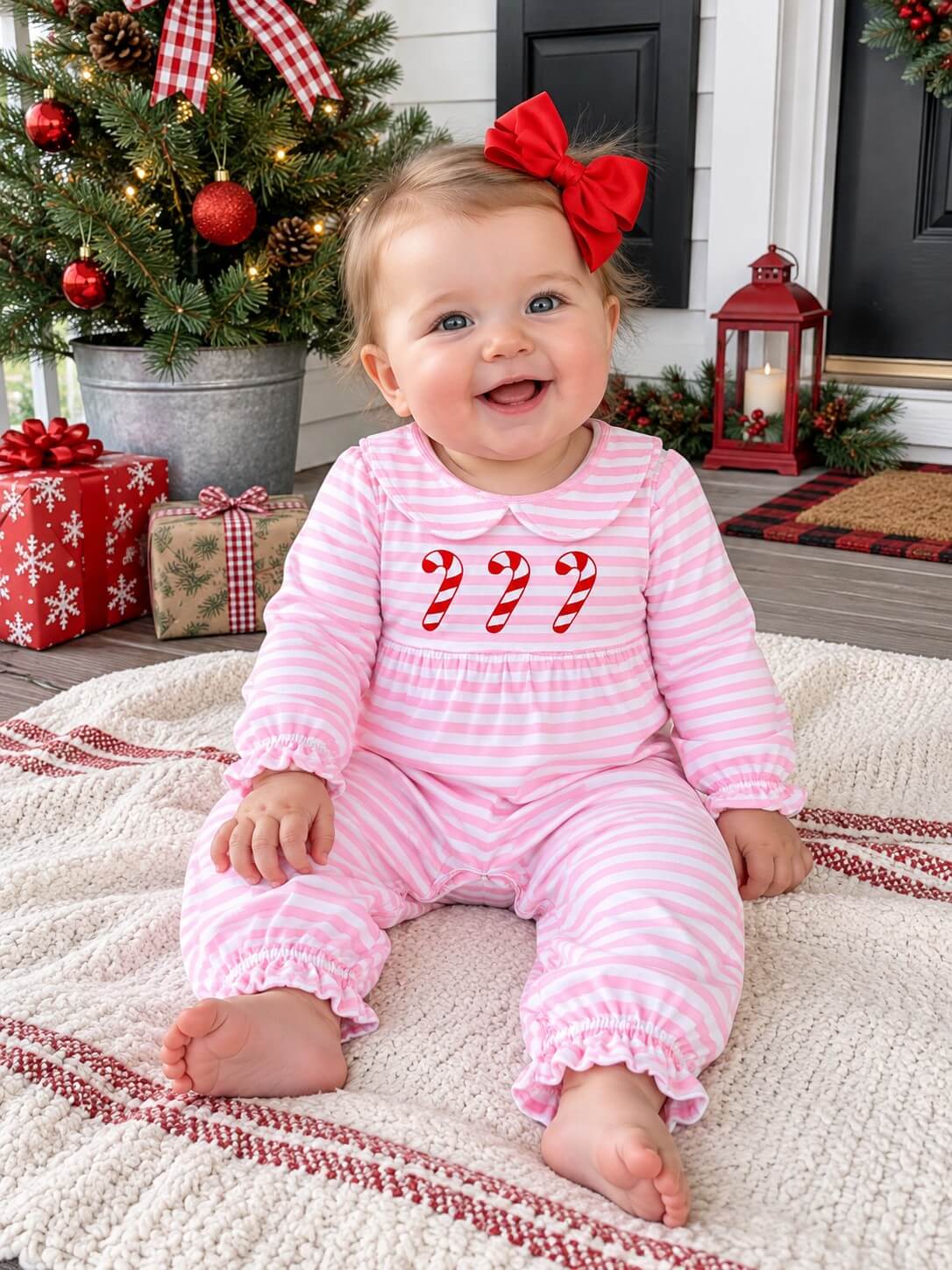 Sweet Candy Cane Girls Pink Stripe Christmas Baby Romper