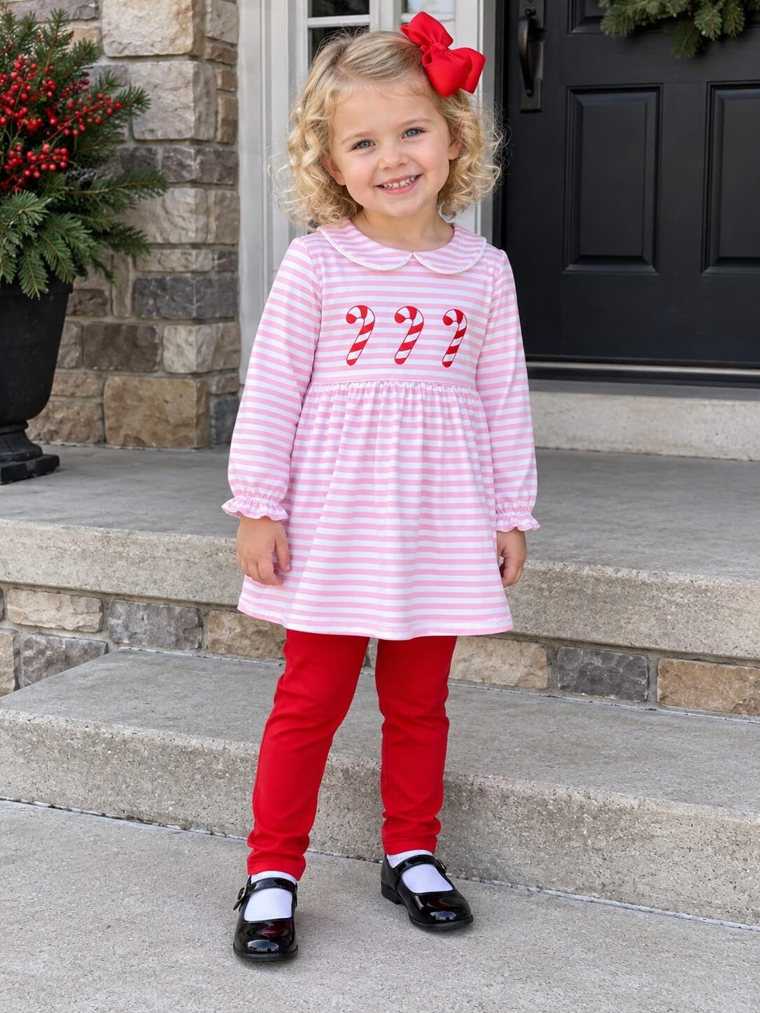 Sweet Candy Cane Girls Pink Stripe Christmas Outfit