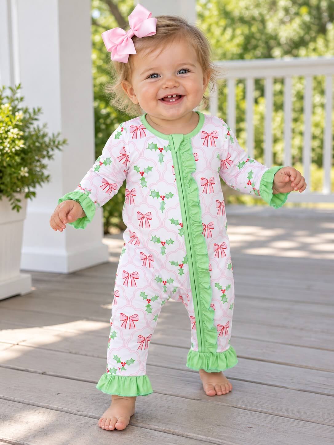 Sweet Holly & Bows Ruffle Zip Up Baby Romper