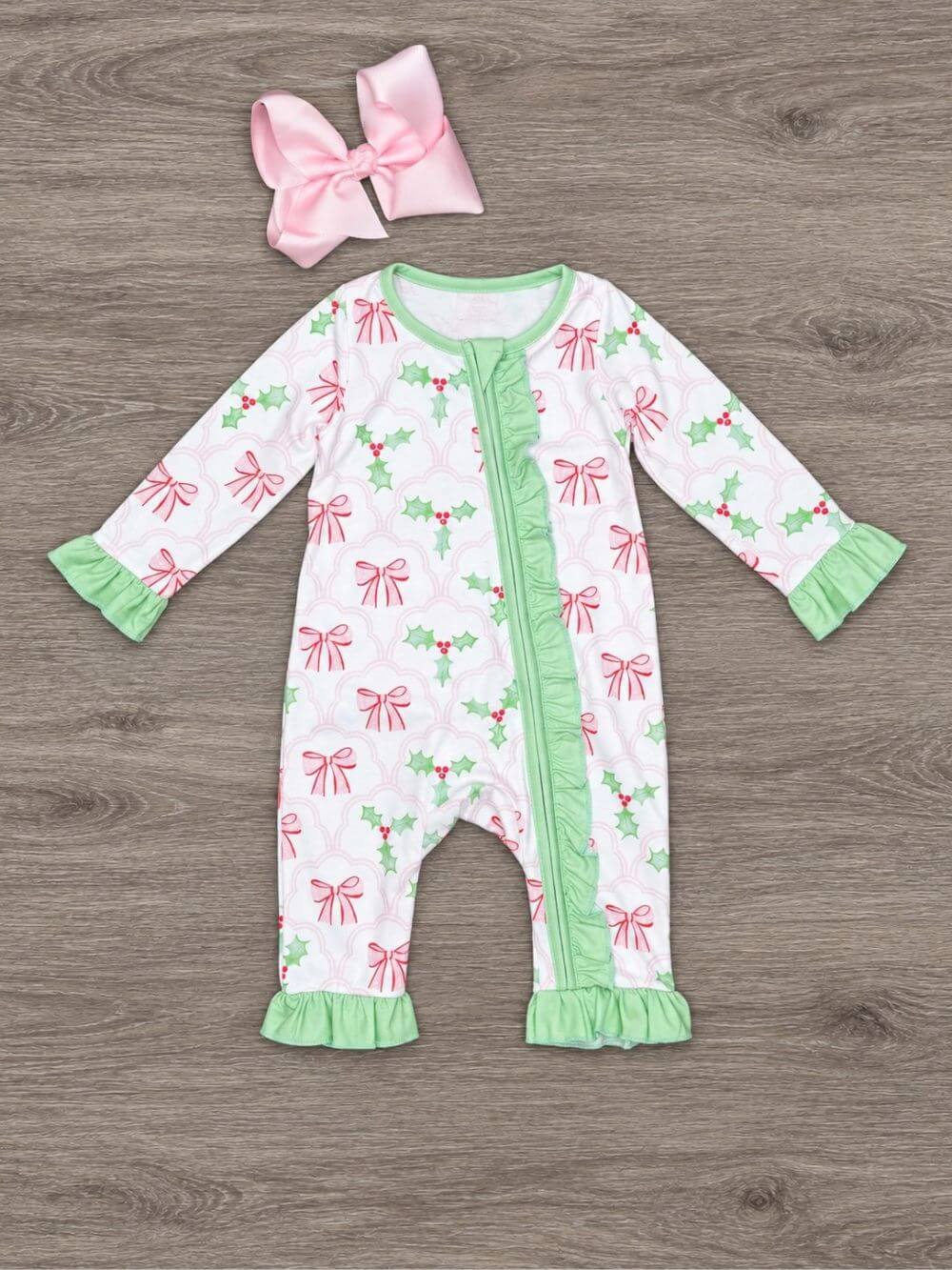 Sweet Holly & Bows Ruffle Zip Up Baby Romper