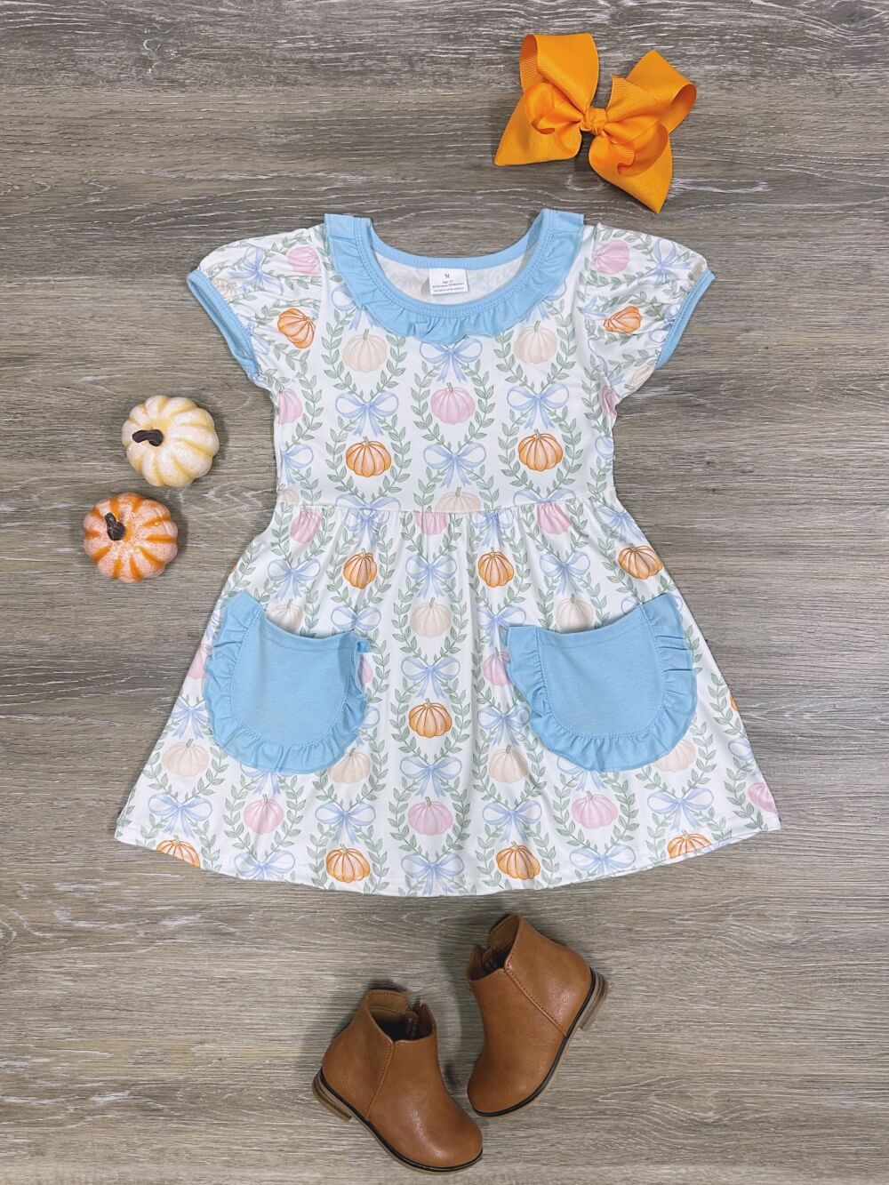 Sweet Pumpkin Blue Girls Puff Sleeve Pocket Dress - Sydney So Sweet