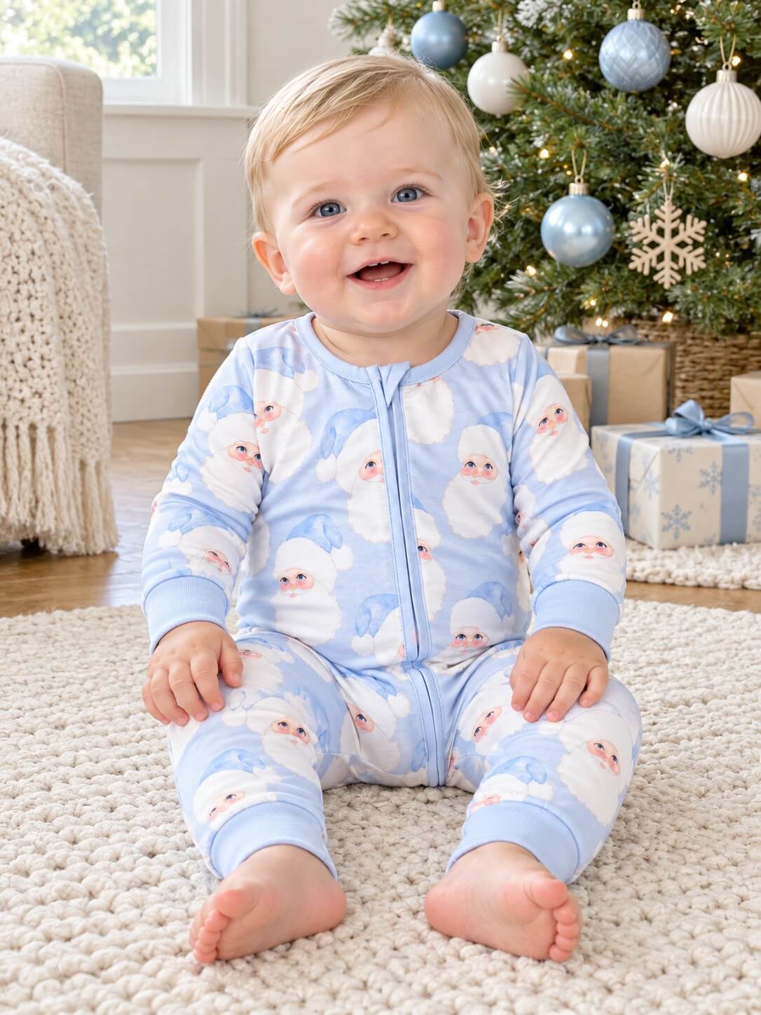 Sweet Santa Blue Boys Zip Up Baby Romper