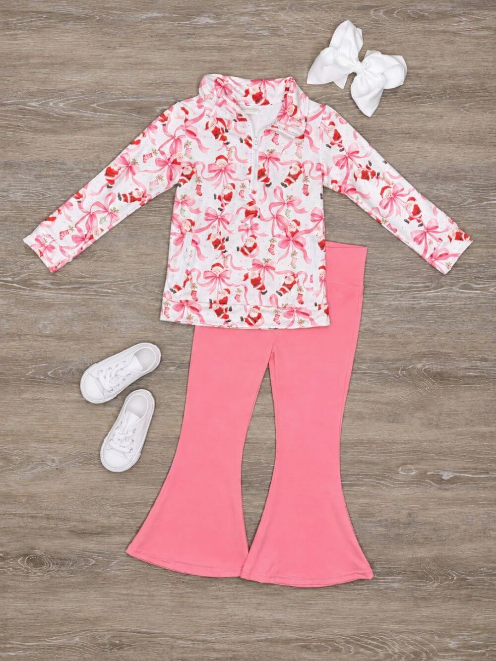 Sweet Santa Coquette Bow Girls Christmas Flare Pants Outfit