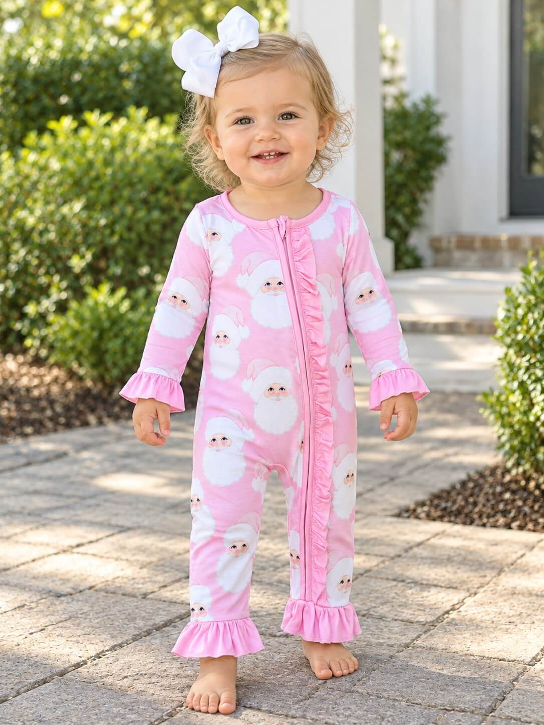 Sweet Santa Pink Ruffle Girls Zip Up Baby Romper